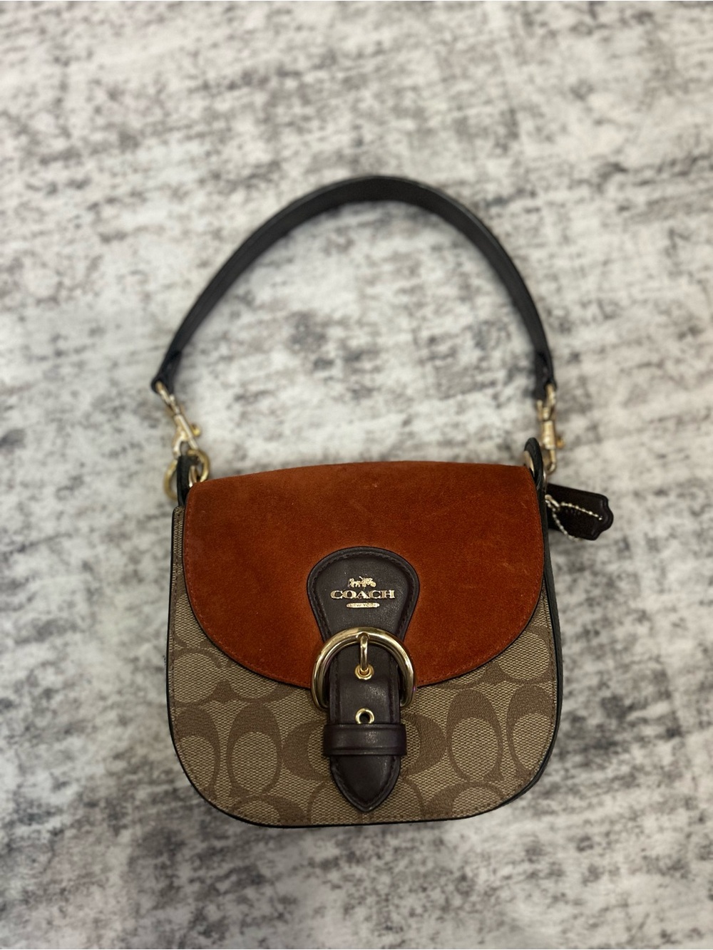 COACH Brown Suede & Signature Canvas Saddle Bag